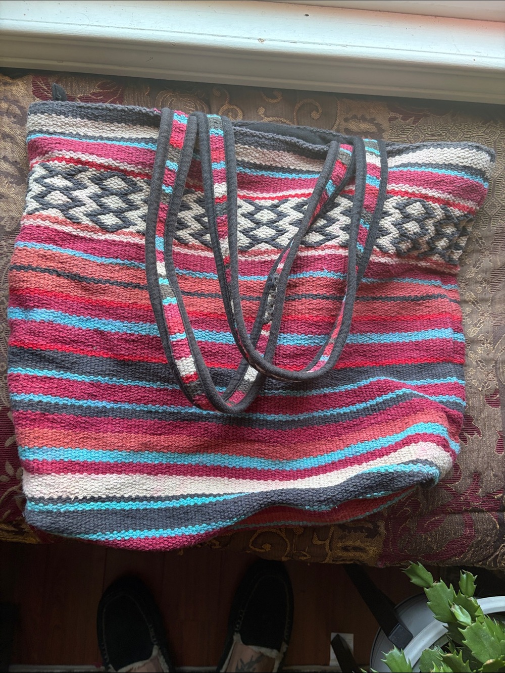 Billabong Striped Knit Tote in Pink, Turquoise & Gray